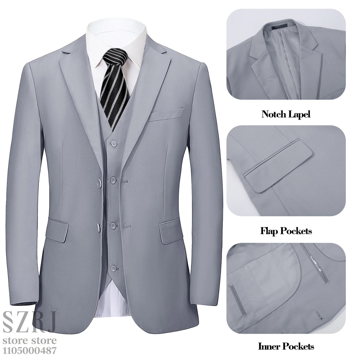 Men's 4-Piece Suit: Jacket+Vest+Pants+Black Tie. V-Neck, Gentleman Style, Premium, Tailored. For Business, Parties, Weddings.