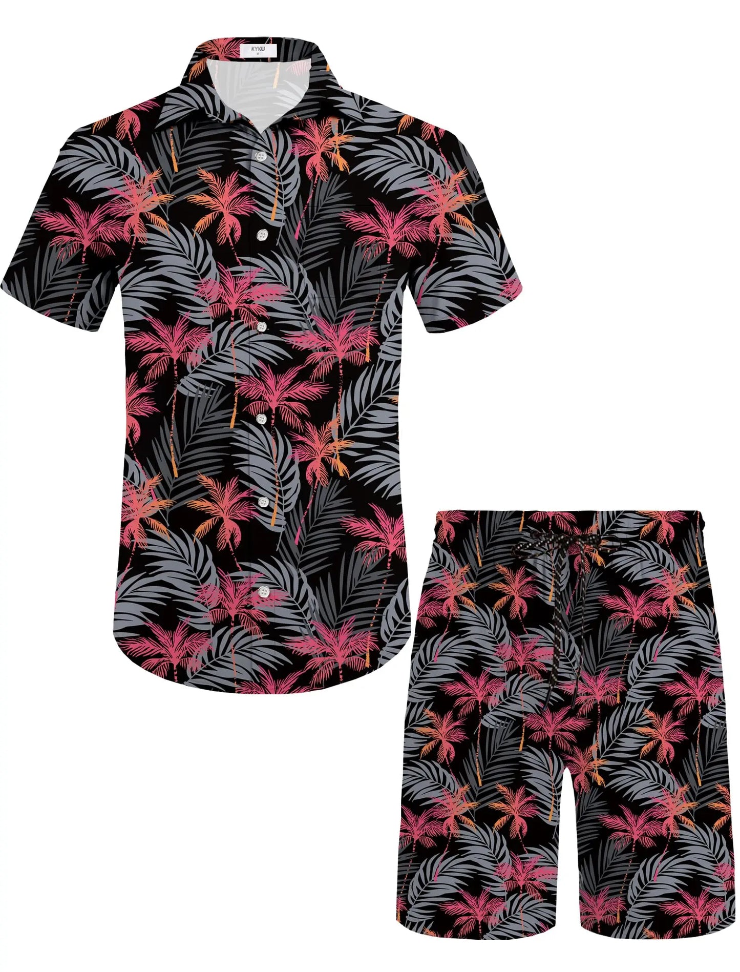 KYKU Mens Hawaiian Shirt and Short Set - Summer Short Sleeve Button Down Beach Shirts Tropical Vacation 2 Piece Outfits