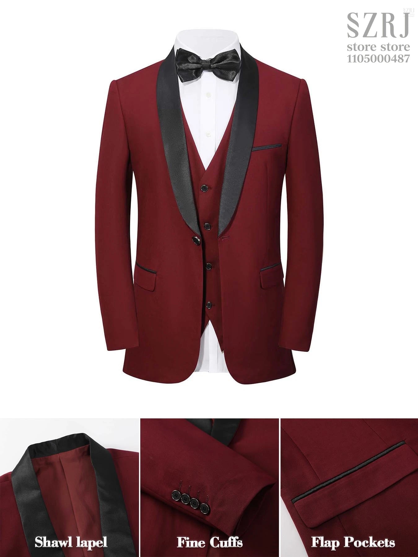 4pcs Men's Suit: Blazer, Vest, Pants, Black Tie.  One Button, Plain Color Tuxedo. Regular Fit. For Wedding, Groomsman Attire.