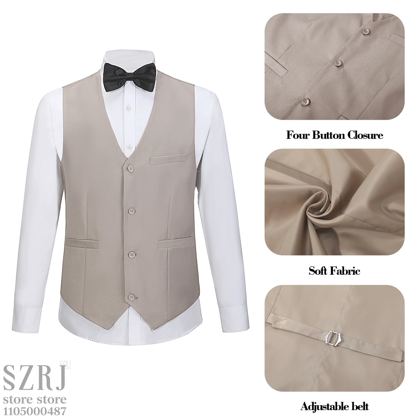 Men's 4-Piece Suit: Jacket+Vest+Pants+Black Tie. V-Neck, Gentleman Style, Premium, Tailored. For Business, Parties, Weddings.