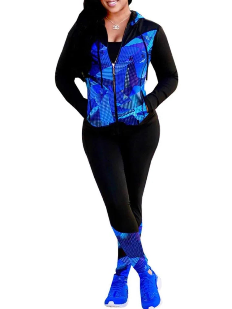 casual 2 piece outfit for women digital print long sleeve jacket and pants set