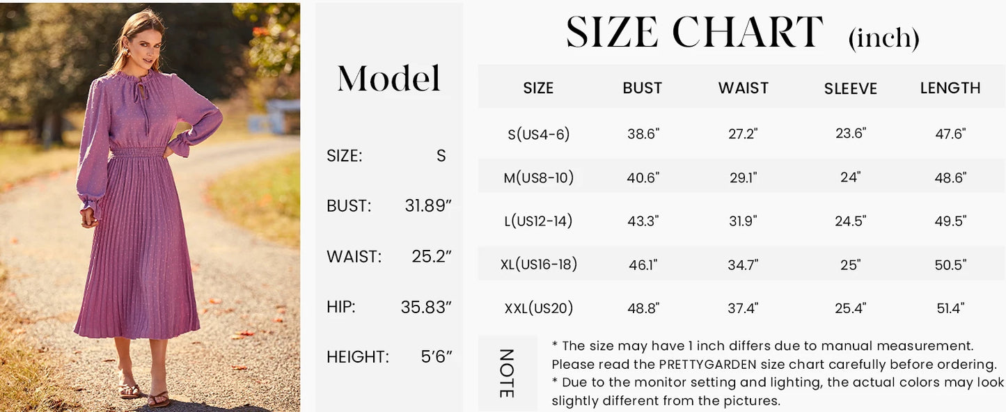 Women's Spring Fall Midi Dress Casual Long/Short Sleeve Elegant and fashionable V Neck Swiss Dot Pleated A Line Flowy Dresses