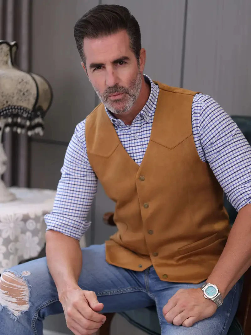 Vintage Suede Leather Men's Vest Slim Fit Sleeveless Jacket V-Neck Regular Fit Suit Vest Waistcoat for Prom