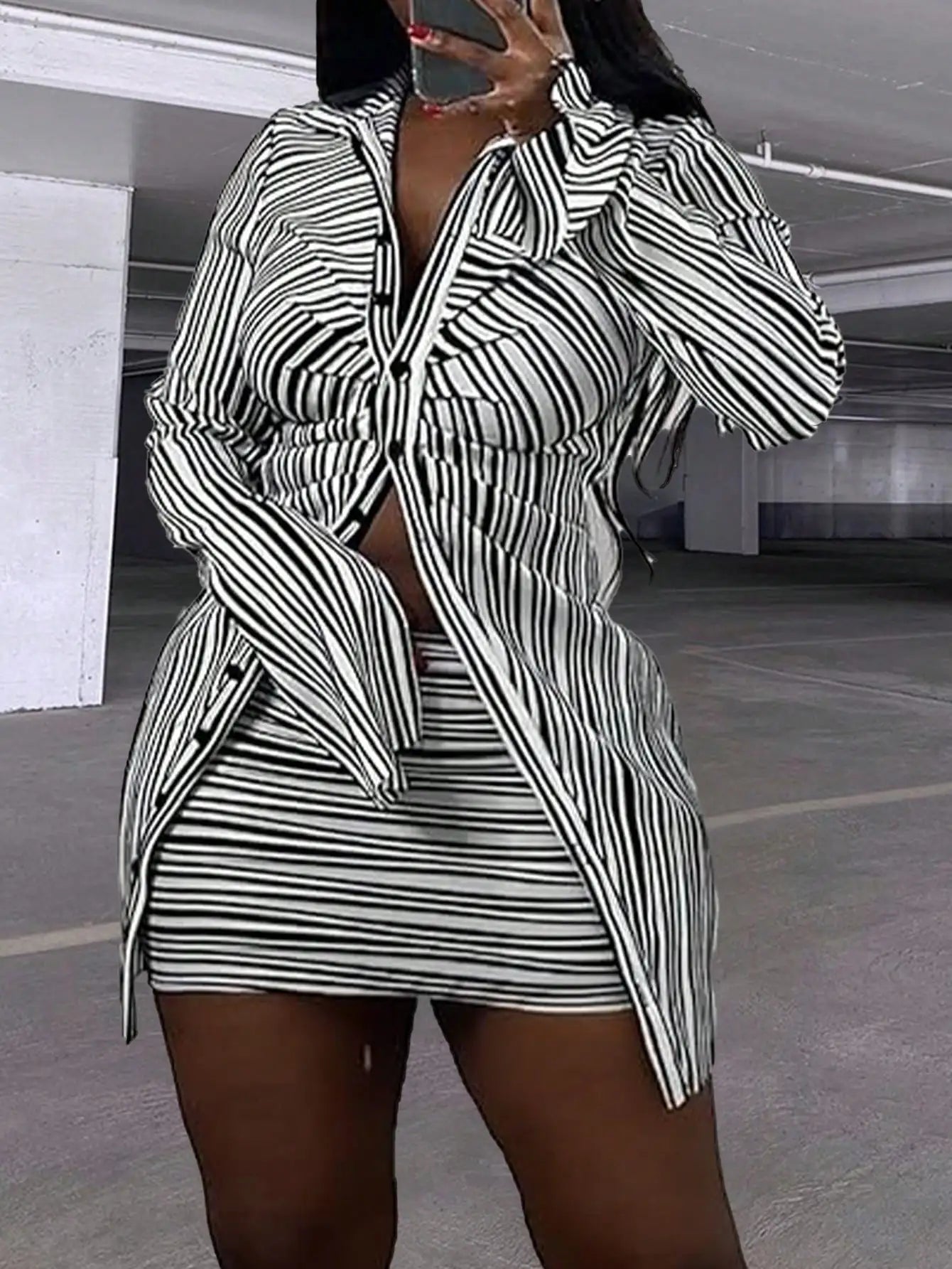 Christmas Gift Women's Striped Two-Piece Set - Long-Sleeve Button-Down Shirt & Mini Skirt