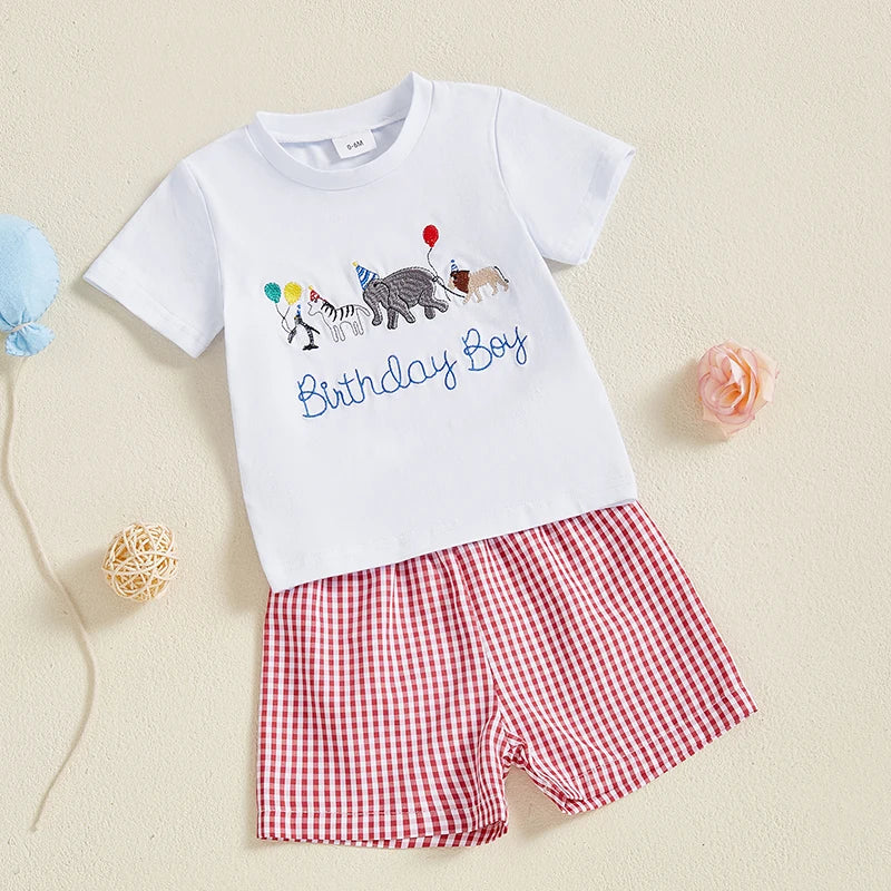 Baby Boy Birthday Outfit Set with Cute Animal Print Top and Stylish Plaid Shorts - Toddler 2 Piece Clothing Set
