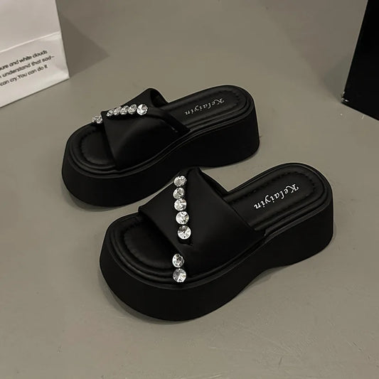 2024 Rhinestones Summer Sandals for Women Fashion Outdoor Wear Slippers high-end Thick Soled Shoes Ladies Elegant Beach Sandals