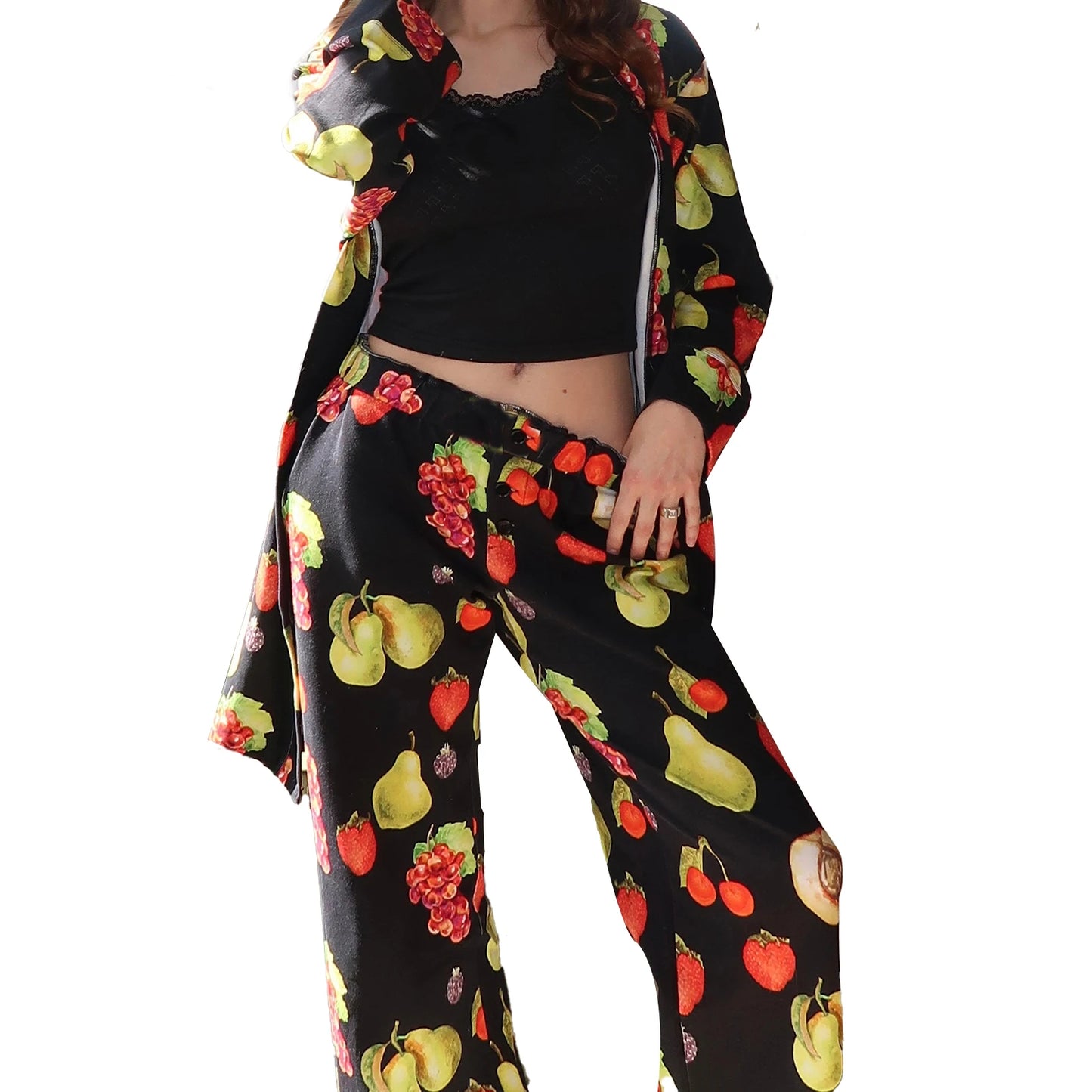 Women’s 2 Piece Weekend Pajama Set Long Sleeve Fruit Cartoon Print Robe Pants Set Loungewear