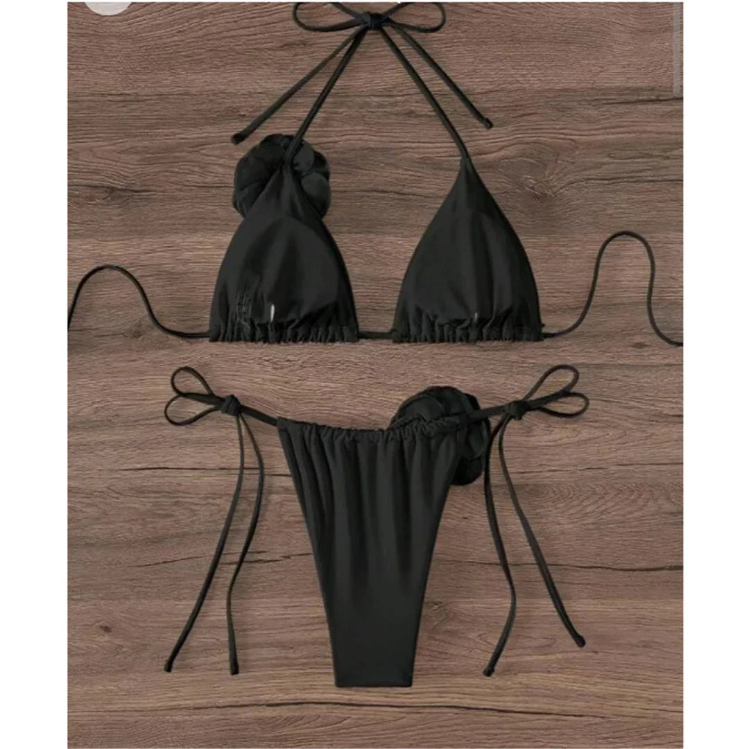 Sexy Flower Bandeau Swimwear Thong Bikini 2025 Women Lace-up Swimsuits Swimming Bathing Suit Brazilian Bikinis Set Mujer Biquini
