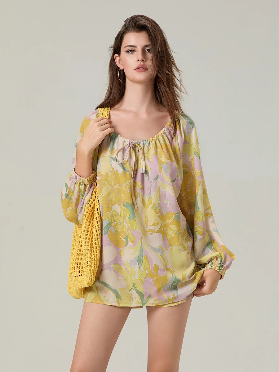 Elegant Floral Ensemble Stylish Long Sleeve Blouse with Tie-up Detail and Elastic Waist Shorts for a Chic Summer Look