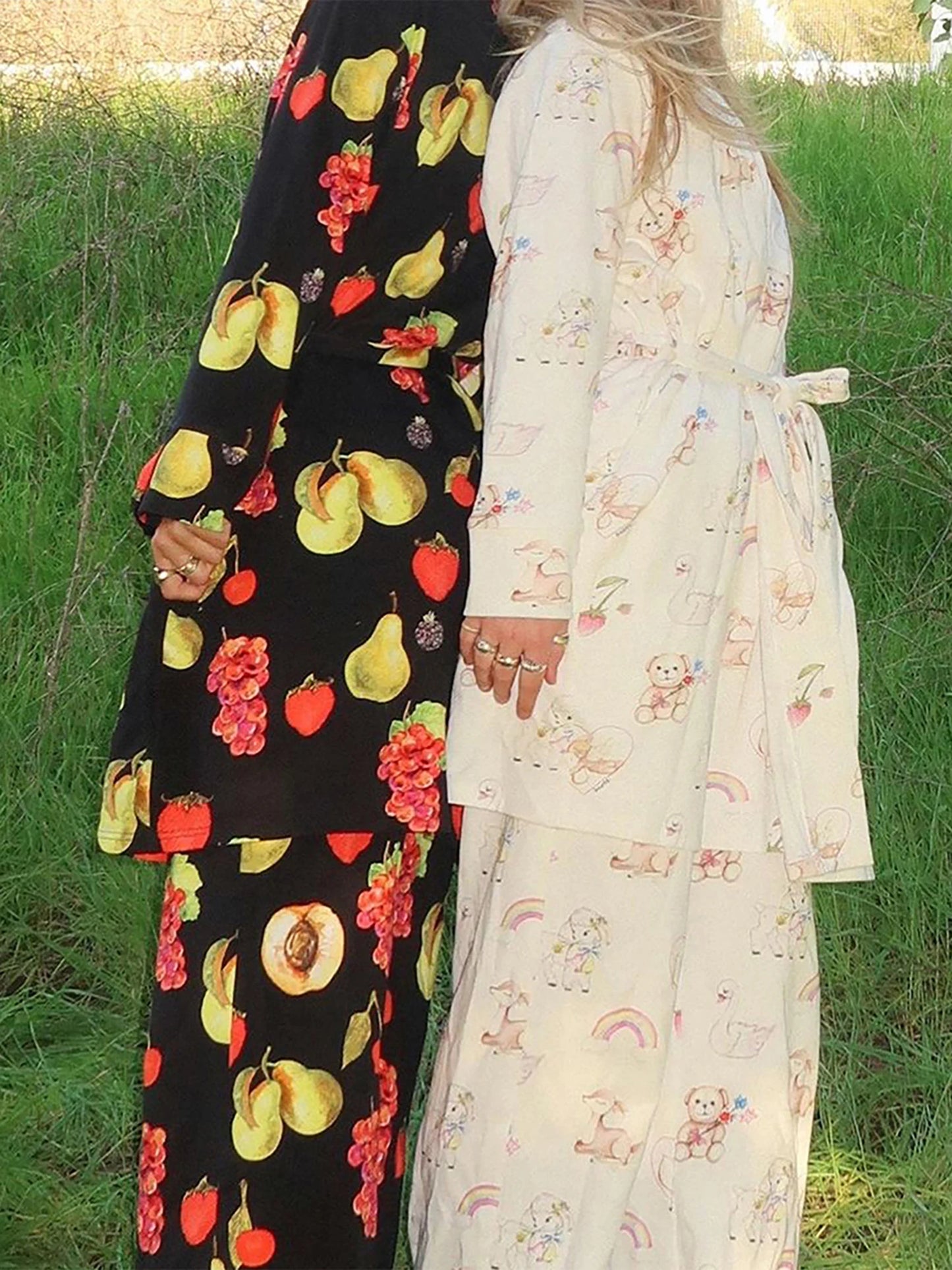 Women’s 2 Piece Weekend Pajama Set Long Sleeve Fruit Cartoon Print Robe Pants Set Loungewear