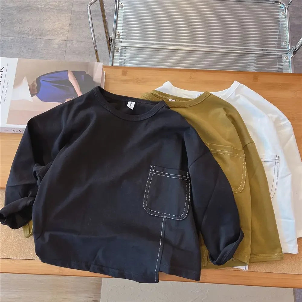 Autumn Boys Long-sleeved T-shirt Spring and Autumn 2023 New Children's Solid Color Irregular Bottoming Shirt Baby Inner Tops