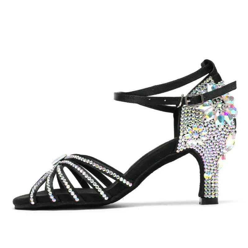 New Diamond Studded Satin High Heels Dance Shoes Fashion Black Brown Crystal Rhinestone Sparkling Latin Dance Performance Shoes