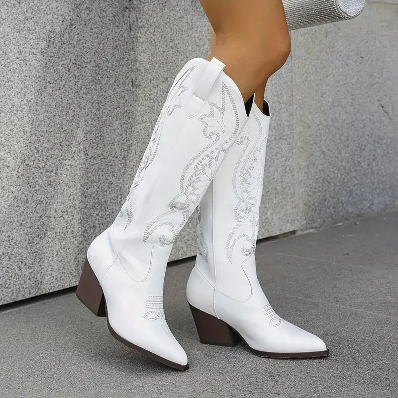 Women's Knee High Western Cowboy Boots Vintage Embroider Block Chunky High Heels Pointed Toe Pull On Fashion Cowgirl Boots