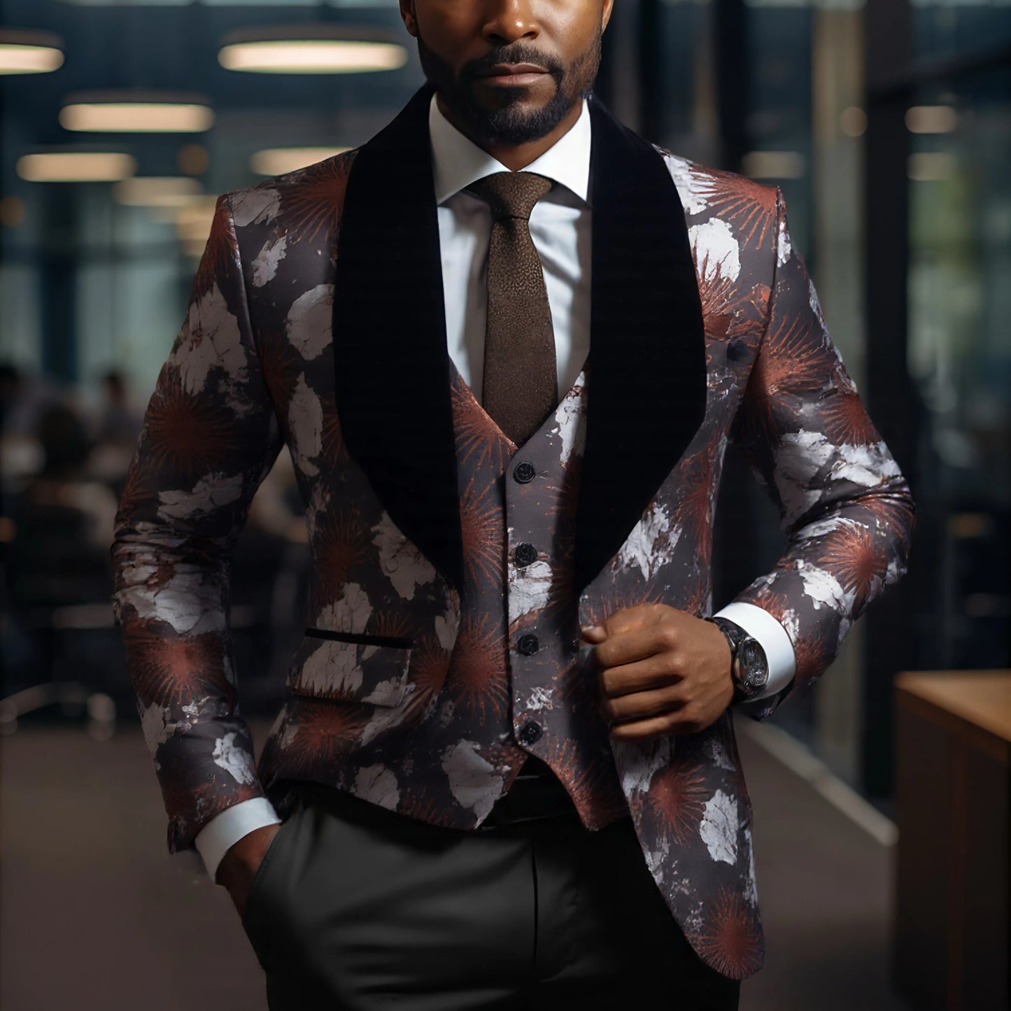 Men's three-piece suit set in regular cut and pattern, including patterned suit jacket, vest, and pants for banquet wear