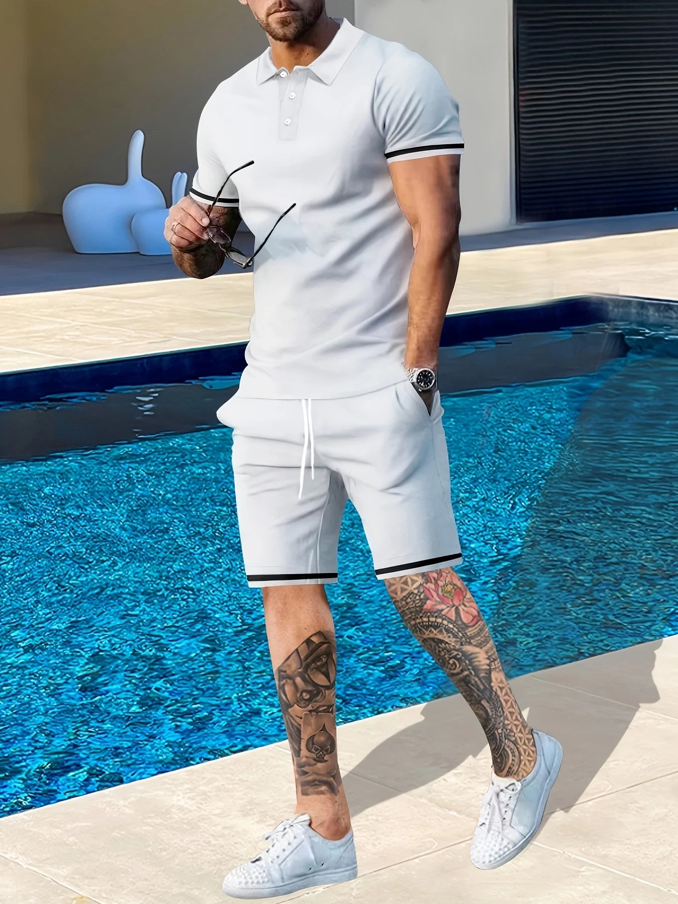 Men's Summer Short Sleeve Suit Polo Shirt Short Sleeve Shorts Athleisure Two-Piece Set Suitable For Everyday Travel