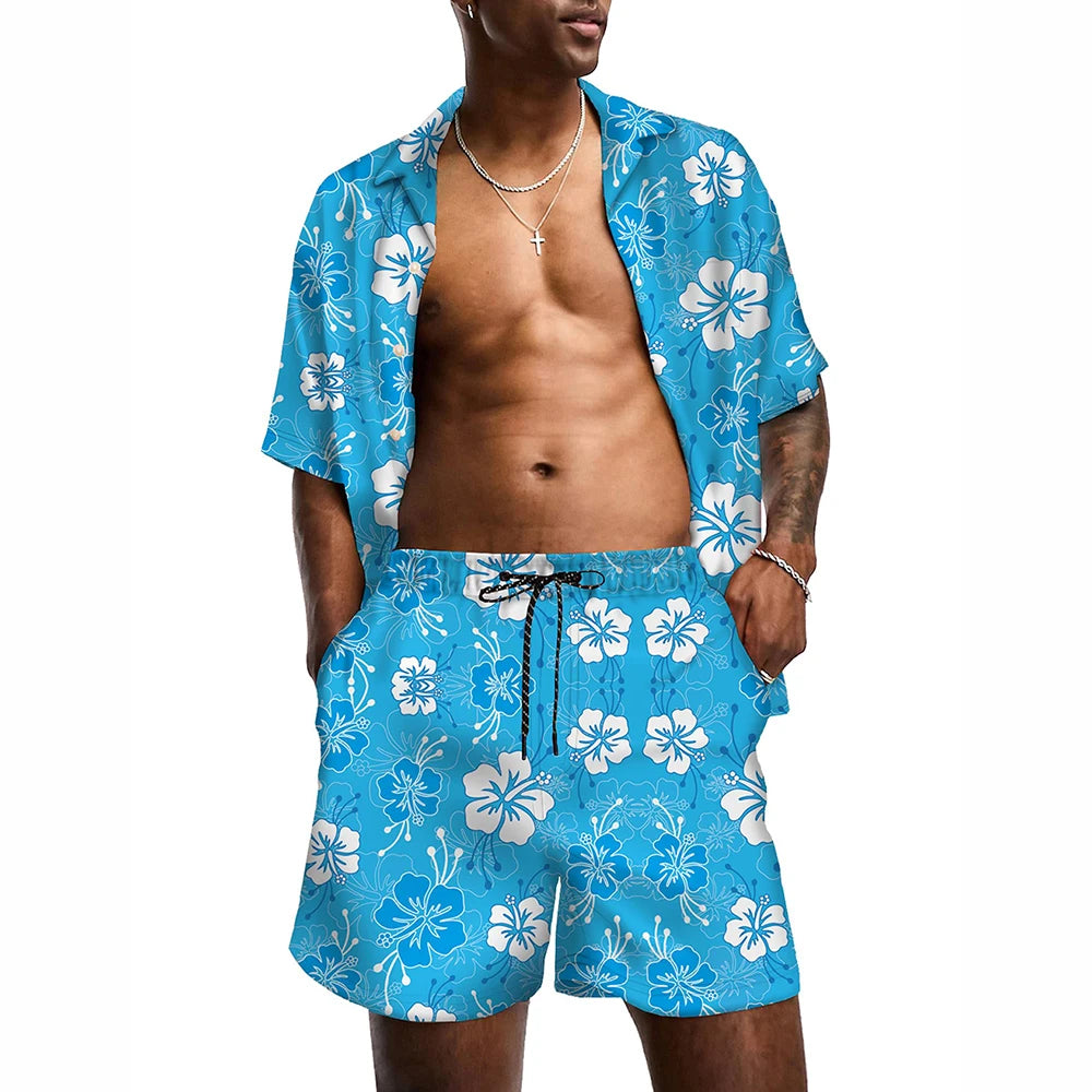 KYKU Mens Hawaiian Shirt and Short Set - Summer Short Sleeve Button Down Beach Shirts Tropical Vacation 2 Piece Outfits