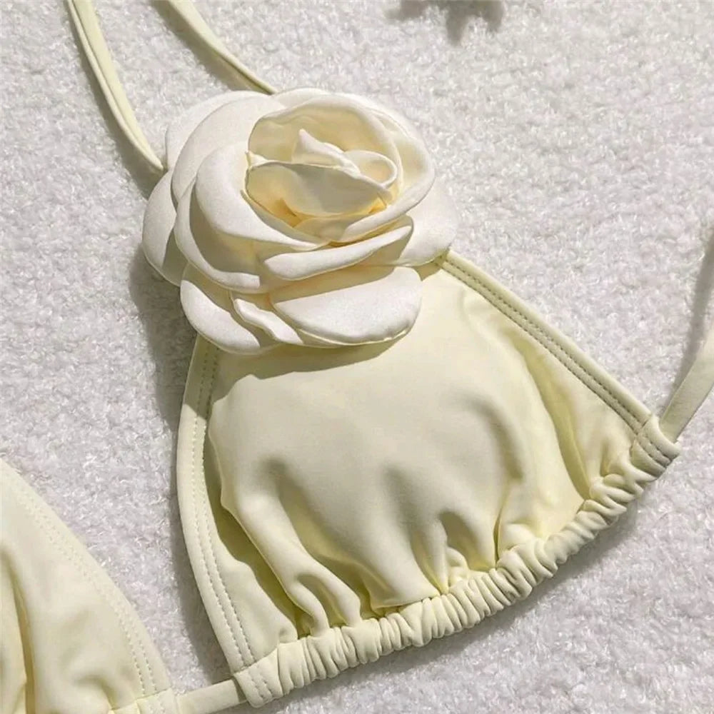 Sexy Flower Bandeau Swimwear Thong Bikini 2025 Women Lace-up Swimsuits Swimming Bathing Suit Brazilian Bikinis Set Mujer Biquini