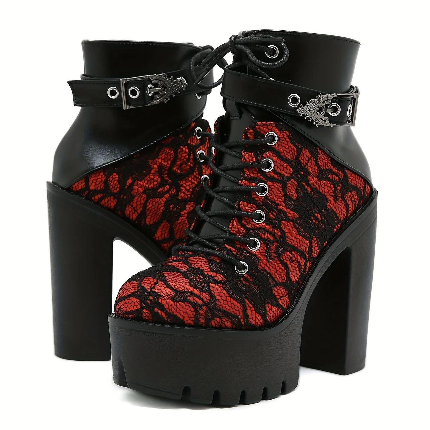 Women's Y2K Goth Punk Platform Ankle Boots Fashion Block Chunky High Heels Buckle Lace-Up Side Zipper Party Cosplay Boots Woman