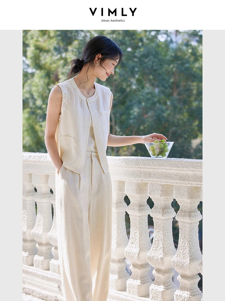 VIMLY Fashion Temperament Suit Women's Summer 2025 New Design Sleeveless Vest Wide-leg Pants Two-piece Set A0820