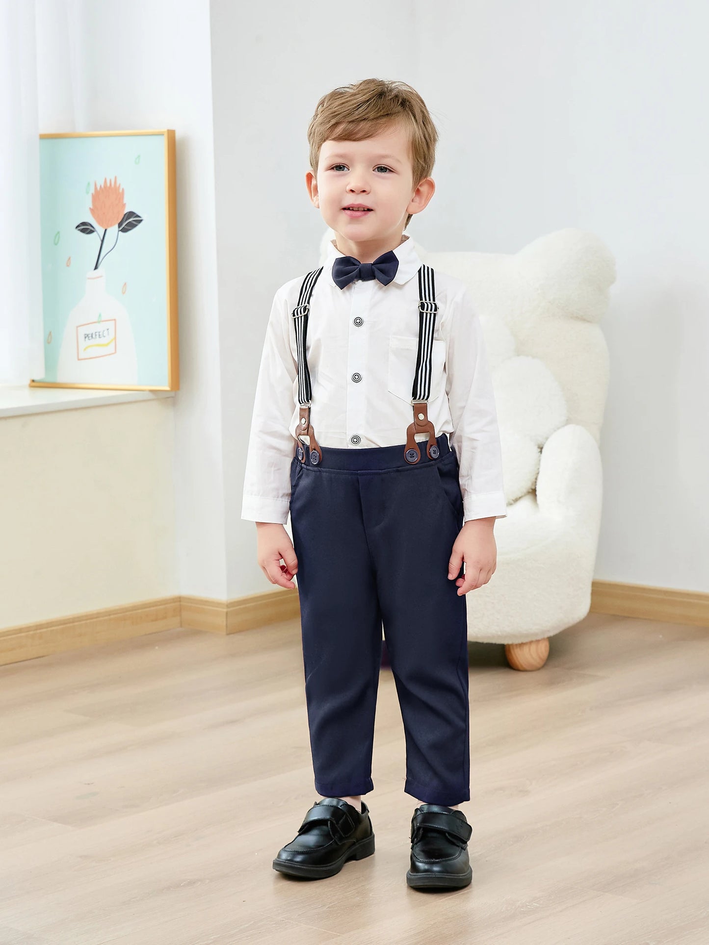 Toddler Boy Suit 5Pcs Formal Gentleman Outfits, Dress Shirt+Bowtie+Jacket+Suspender Pants Wedding Party Clothes Suits