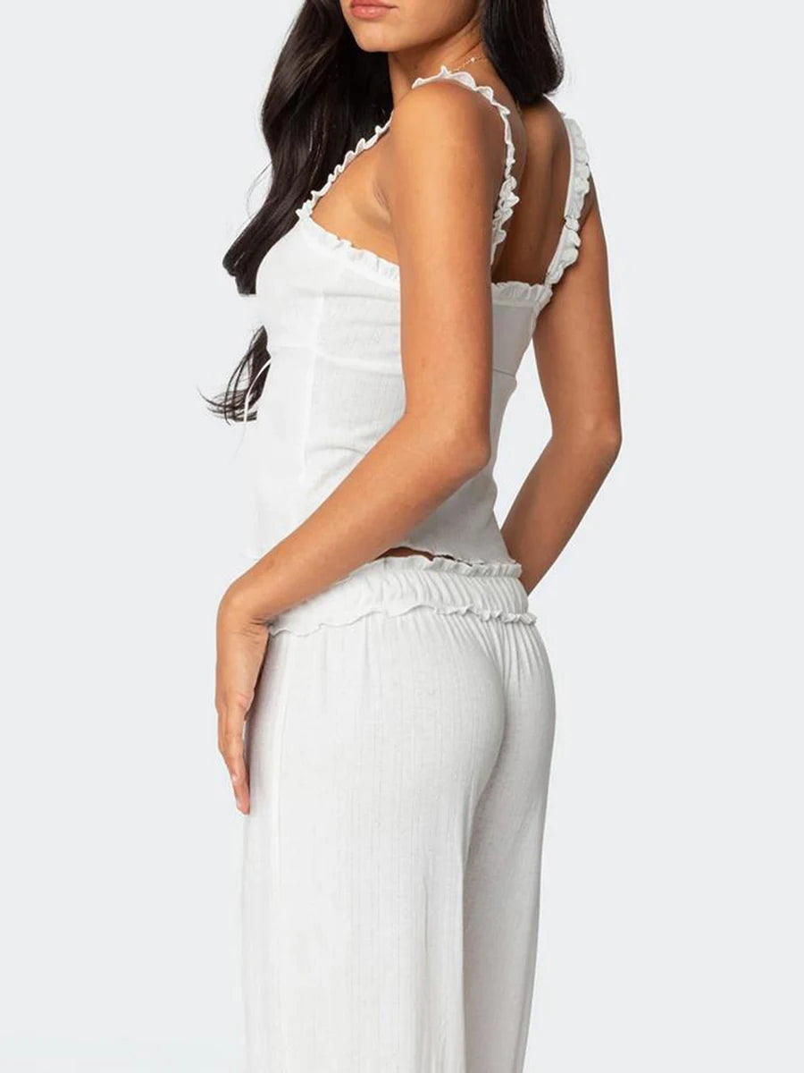 Women s 2-Piece Pajama Set with Lace Trim Square Neck Cami Top and Long Pants Cute Bow Detail Lounge Outfit