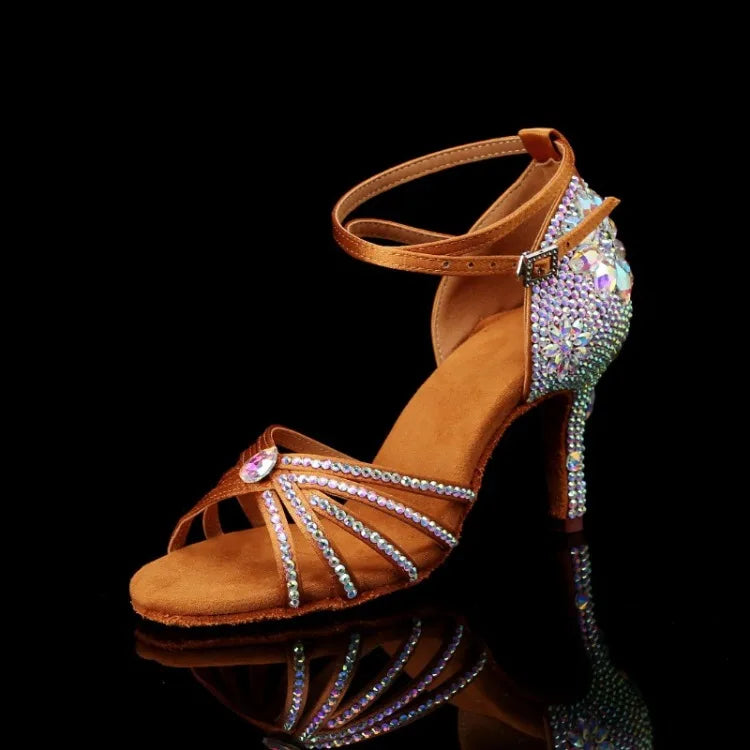 New Diamond Studded Satin High Heels Dance Shoes Fashion Black Brown Crystal Rhinestone Sparkling Latin Dance Performance Shoes
