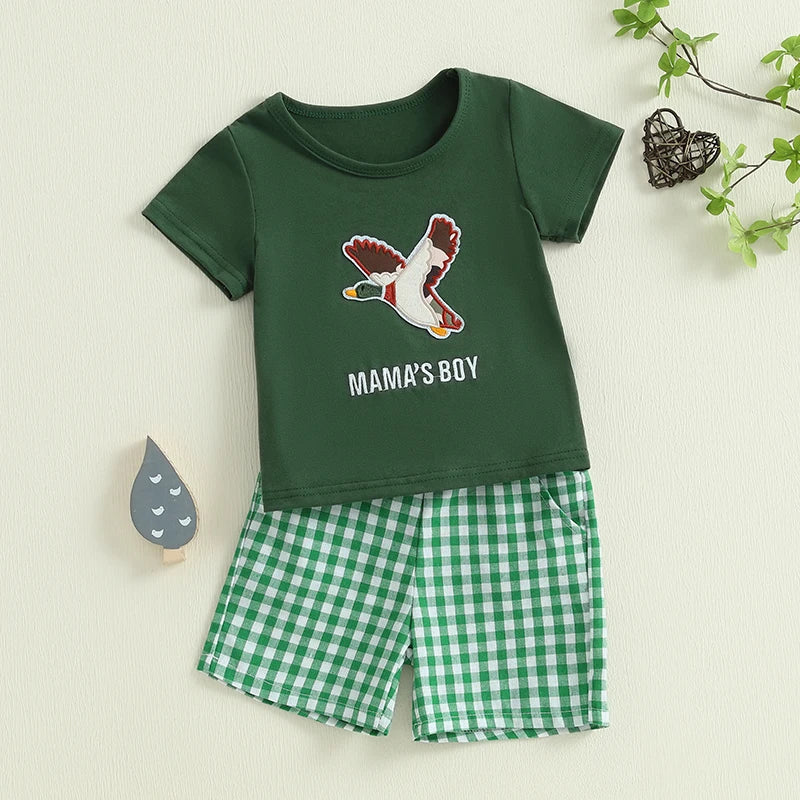 Toddler Boys Casual Outfits Cute Animal Print Short Sleeves T-Shirt and Elastic Denim Shorts Set for Summer Wear
