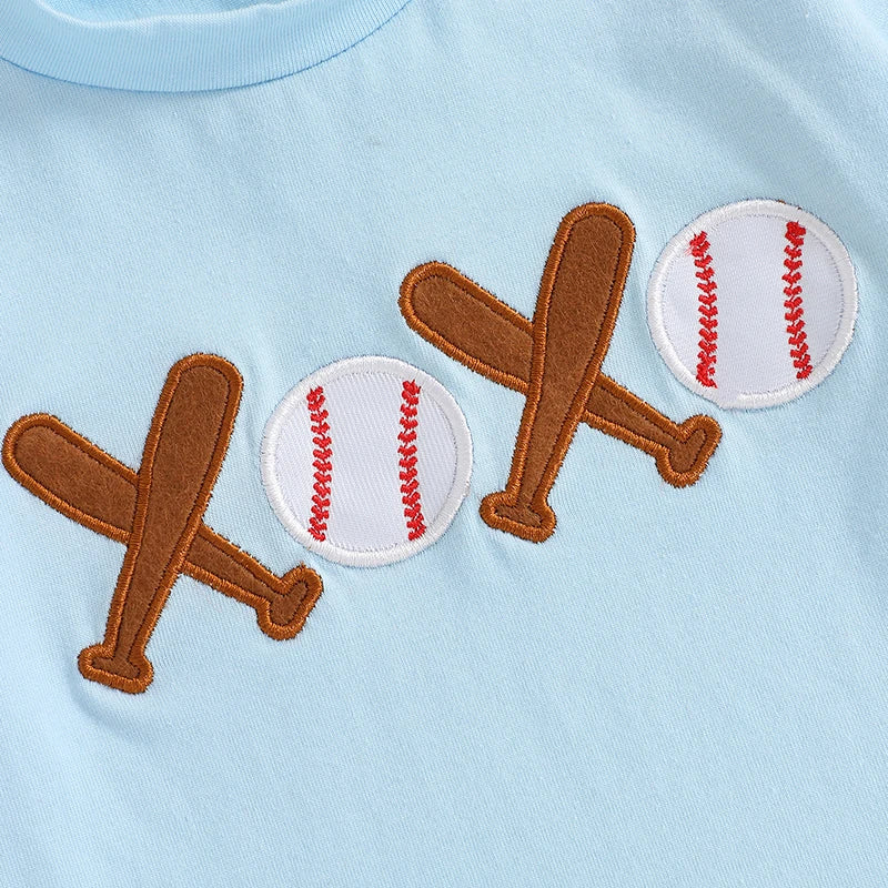 Boys 2-Piece Outfit Set with Embroidered Baseball Tee and Plaid Shorts Elastic Waistband Short Sleeve Top