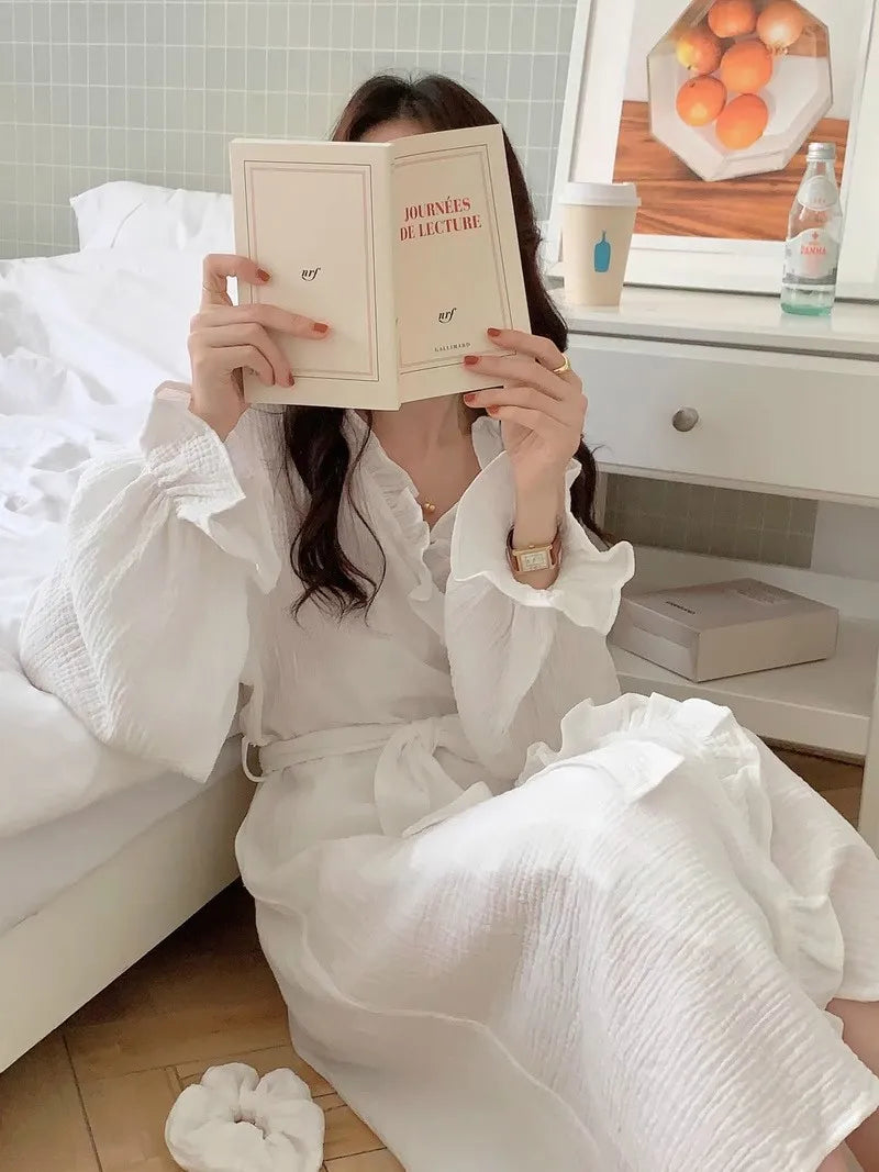 Women's Spring and Summer New Simple Long-Sleeved Robe Girls Sweet Ins Wind Ruffled Thin Section of Solid Color Pajamas Home Wea