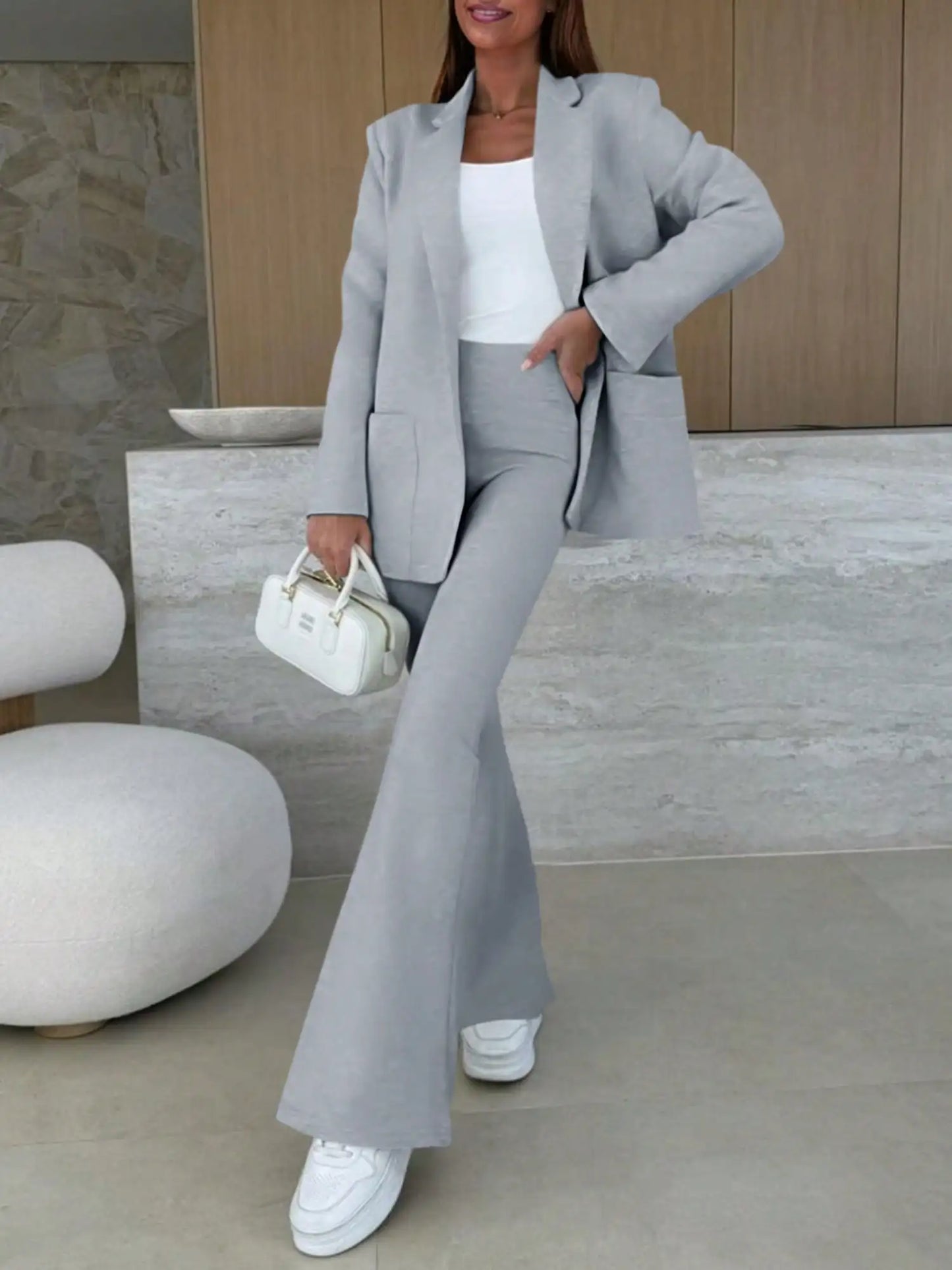 Fisoew Knitted Blazer Set Workwear Office Outfit, Slim-Fit Drapey Lounge Suit, Chic Cozy Aesthetic, Plus Size, Casual Elegance