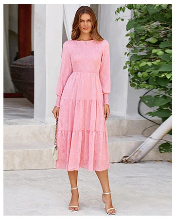 Women's Spring Fall Midi Dress Casual Long/Short Sleeve Elegant and fashionable V Neck Swiss Dot Pleated A Line Flowy Dresses
