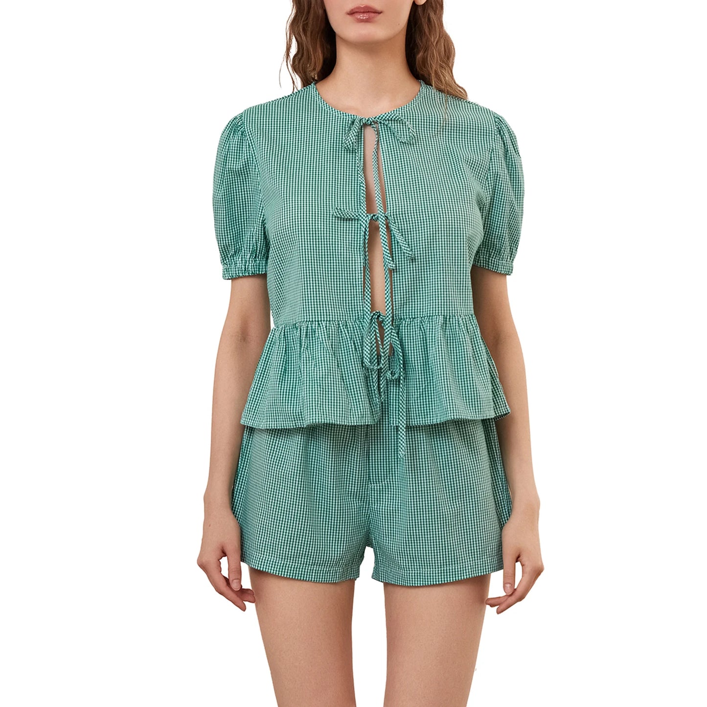 Women’s Casual 2 Piece Outfits Puff Sleeve Tie Knot Front Tops Shorts Set Loungewear