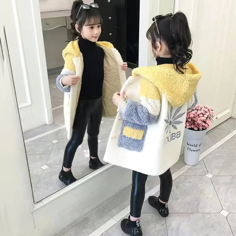 Fashion Girls clothing Jackets Autumn Winter parka Clothes Medium Long coat windbreaker Plaid Thicken Lamb Children Woolen Coats
