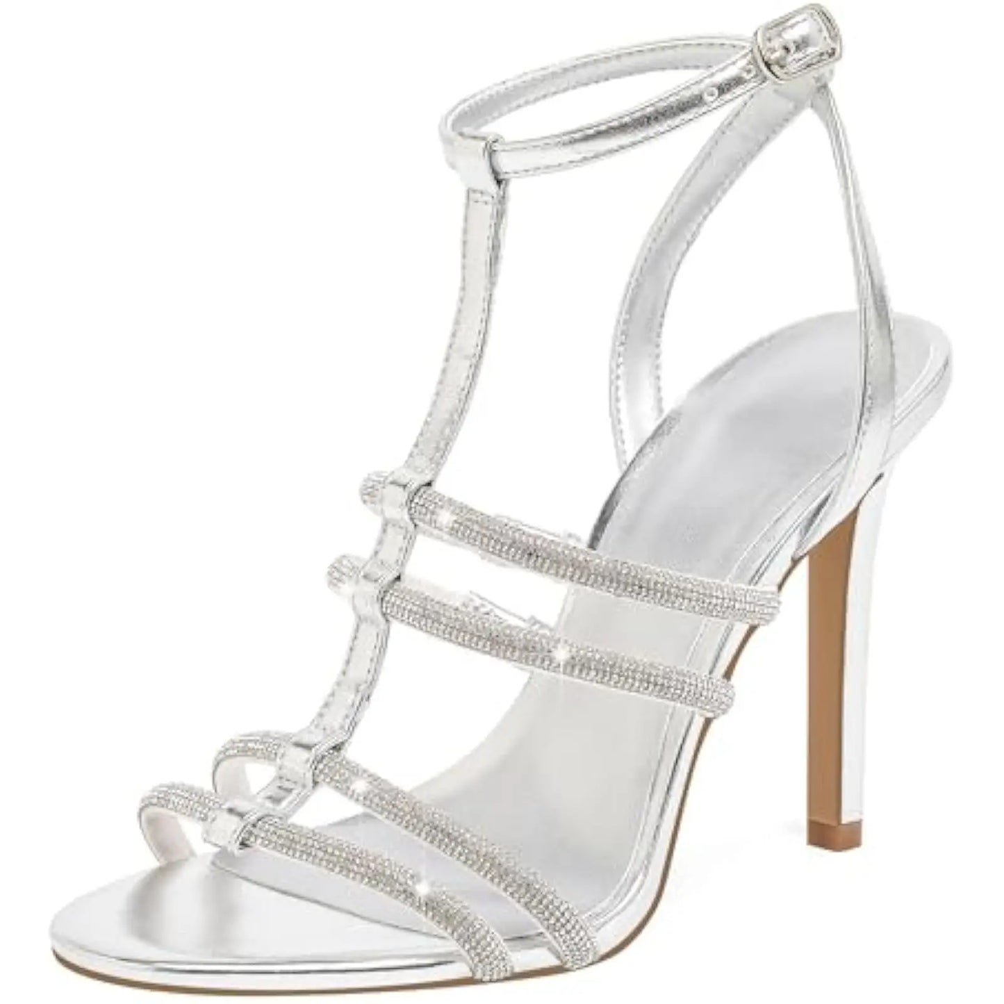 Silver Sparkly Rhinestone Sandals for Women: High Heeled with Ankle Strap, Peep Open Pointed Toe Stilettos – Comfortable Wedding