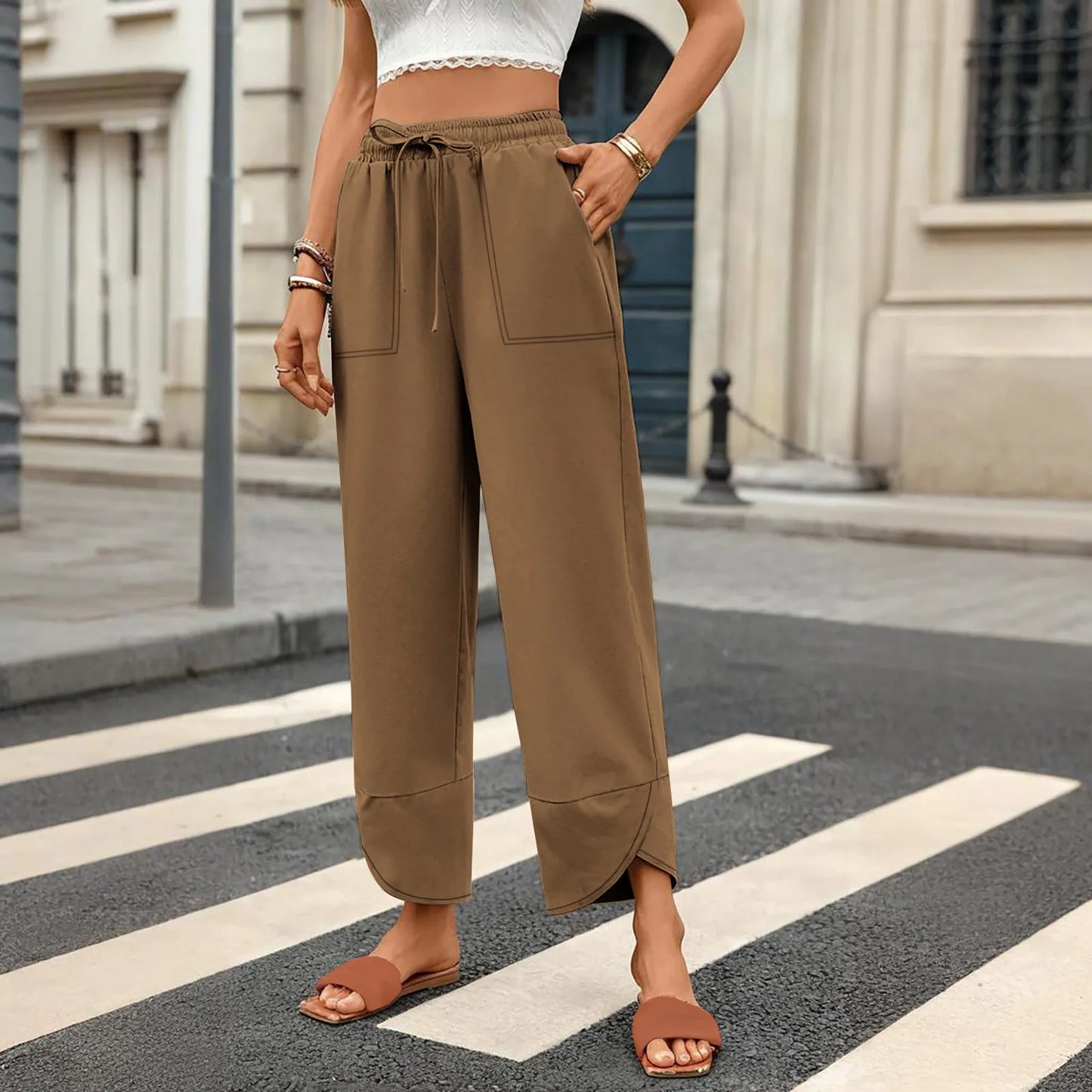 Women'S Fashion Loose Solid Color High Waist With Pockets Athletic Casual Pants Cargo Pants Women Pantalones De Mujer Hot