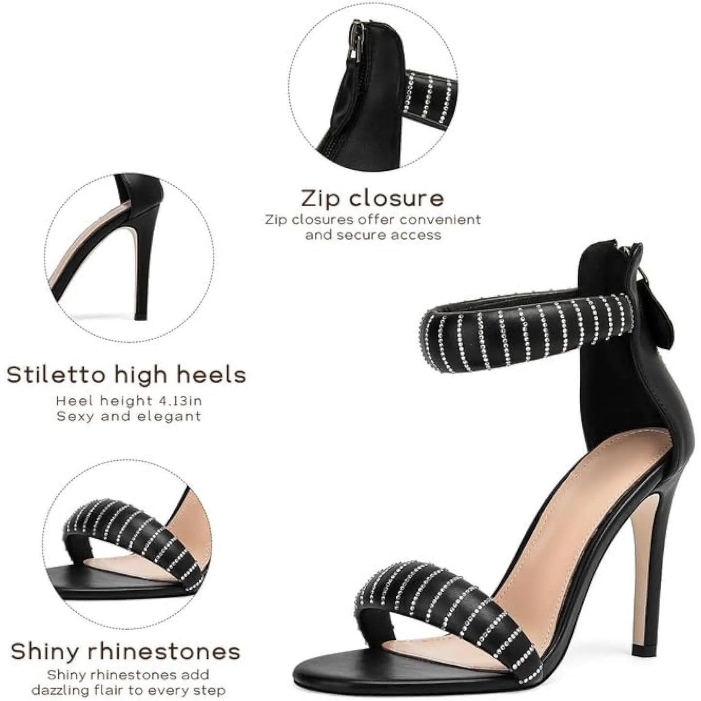 Women's Stiletto Heel Sandals: Ankle Strap with Rhinestone Detail and Back Zipper – Round Open Toe High Heels for Proms and Part