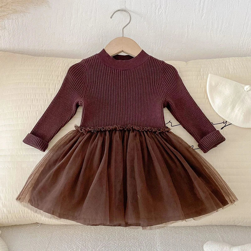 2025 New Autumn European American Style 1-6Yrs Baby Girl Party Dress Long Sleeved Knitted Mesh Splicing Kids Princess Dresses