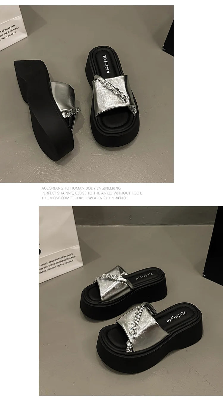 2024 Rhinestones Summer Sandals for Women Fashion Outdoor Wear Slippers high-end Thick Soled Shoes Ladies Elegant Beach Sandals