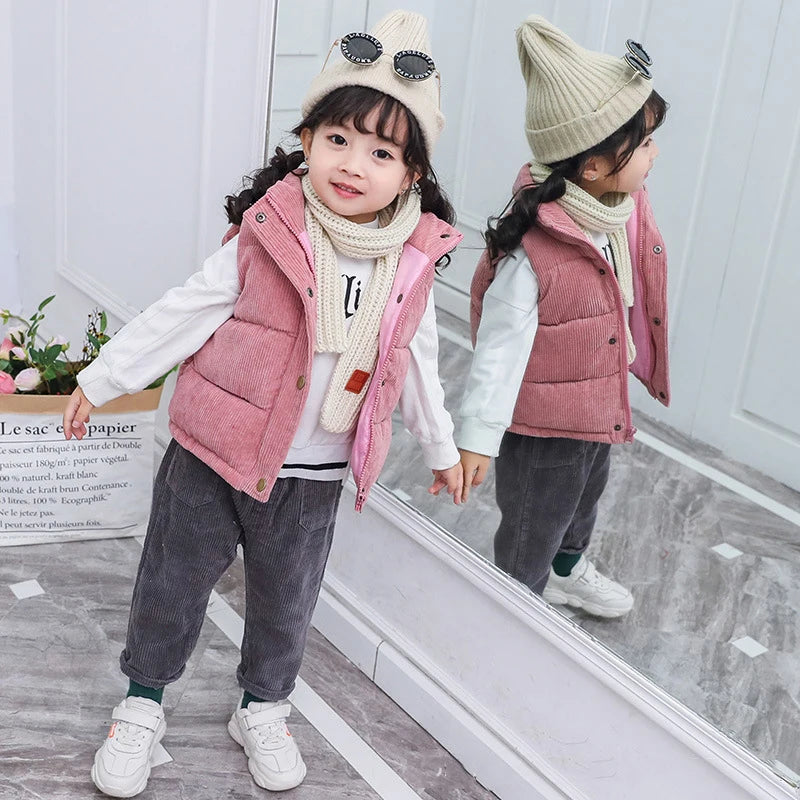 Autumn Winter Boys Girls Cotton Vest Jacket Solid Thick Corduroy Waistcoat For 2-10 Years Kids Birthday Present Child Outwear