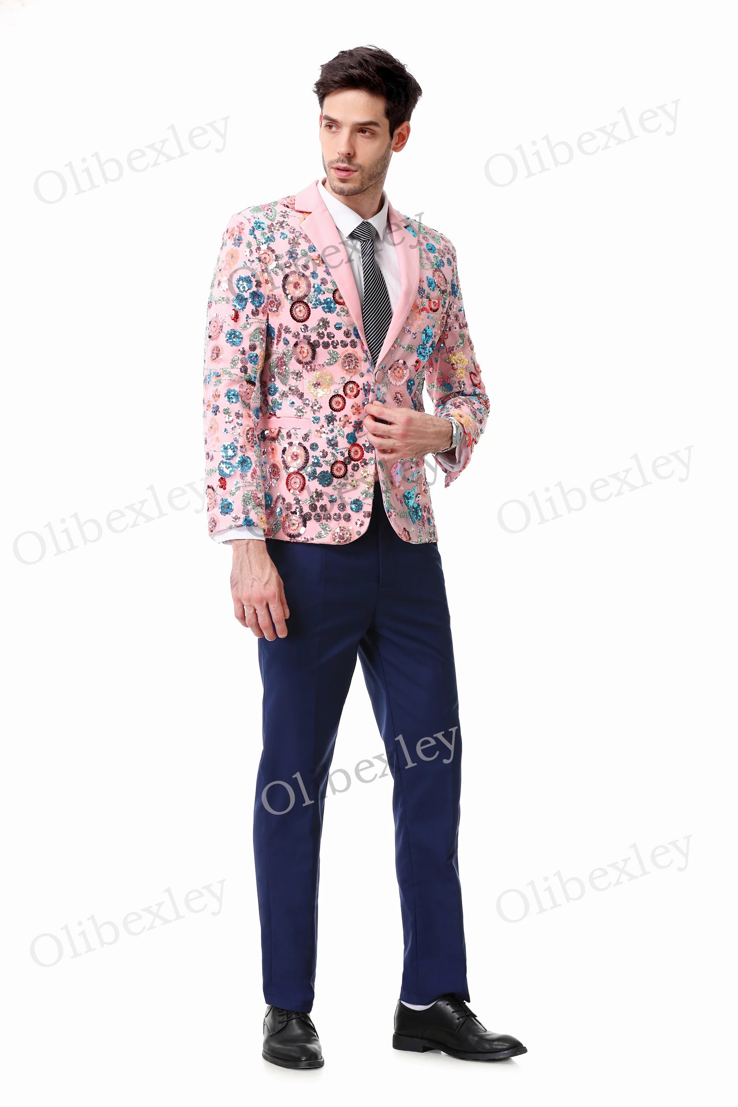 Customized Sequined Men's 2 piece suit High Quality One button Slim Fit Pink Tuxedos Suitable Weddings Groom Business Dinner