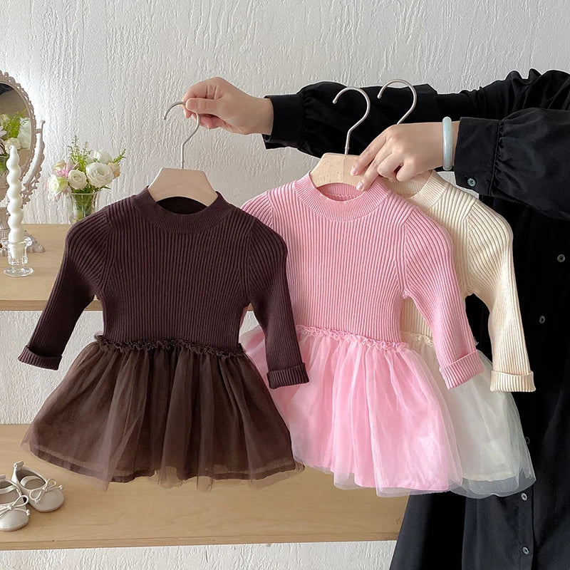 2025 New Autumn European American Style 1-6Yrs Baby Girl Party Dress Long Sleeved Knitted Mesh Splicing Kids Princess Dresses