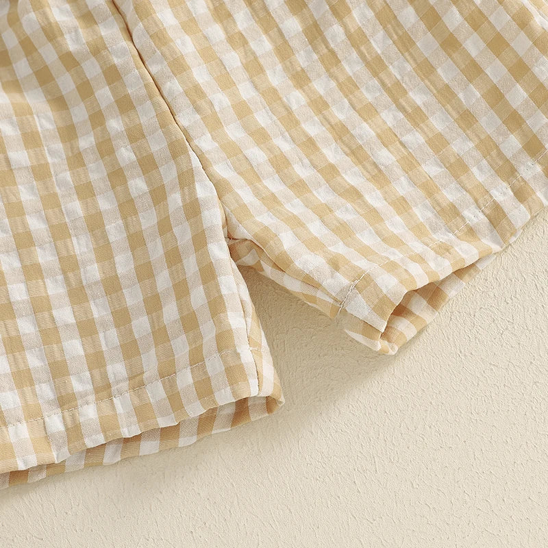 Boys 2-Piece Outfit Set with Embroidered Baseball Tee and Plaid Shorts Elastic Waistband Short Sleeve Top