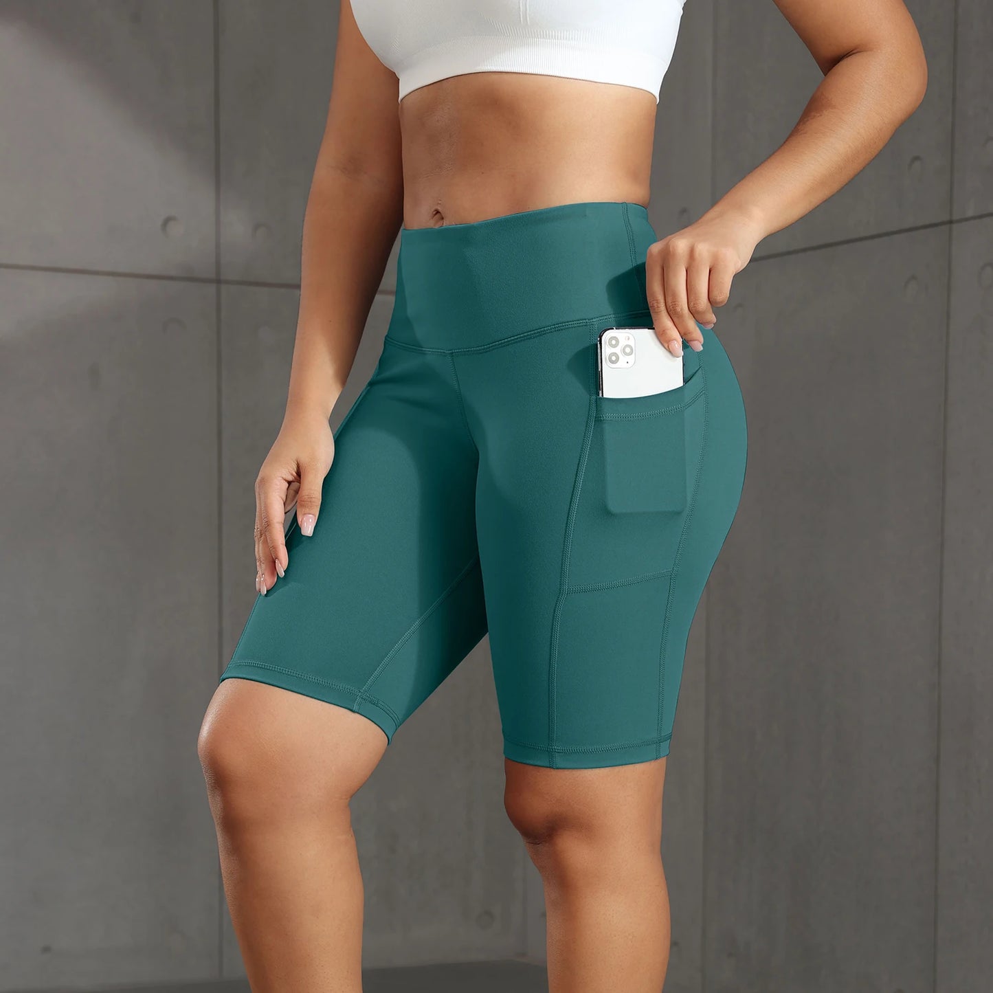 CHRLEISURE Women Solid Yoga Shorts with 3 Pockets High Waist Butt Lifting Workout Tights Gym Elastic Cycling Shorts Activewear