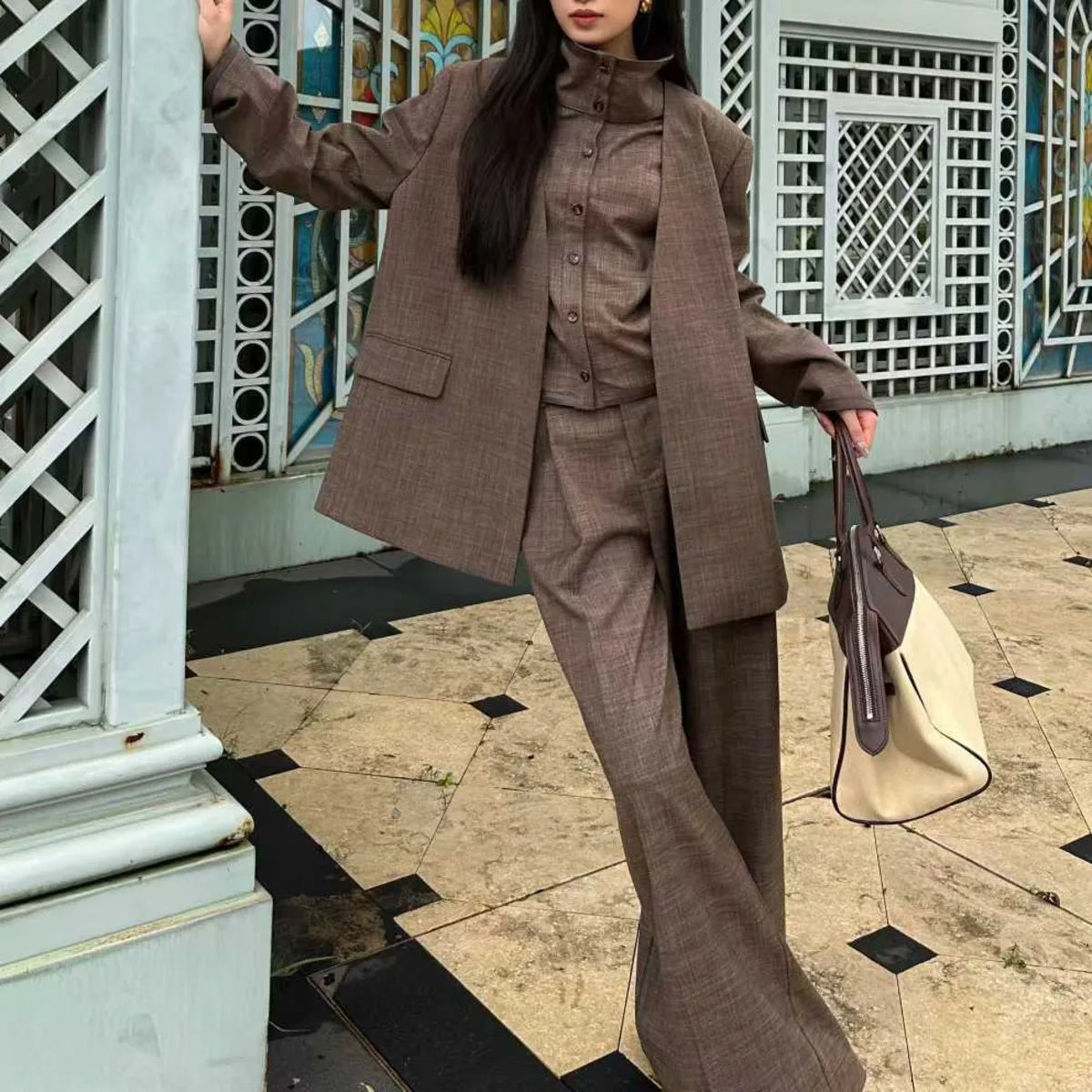 BJTZ Women's 3 Piece Blazer Vest Pants Set Solid Color V Neck Single Breasted High Waist Wide Leg Casual Elegant Spring Autumn