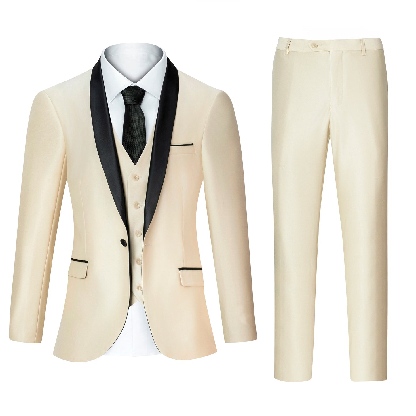 Men's White 3pcs Suit Set with Black Shawl Lapel, Single Button Formal Blazer, Vest & Trousers for Prom Wedding Dinner Busines