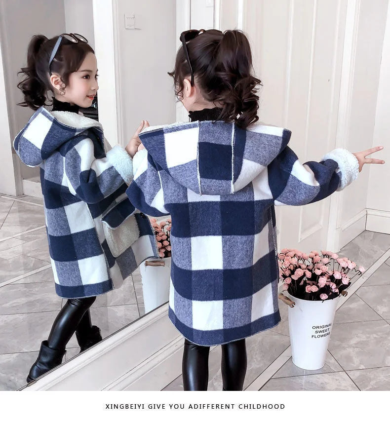 Fashion Girls clothing Jackets Autumn Winter parka Clothes Medium Long coat windbreaker Plaid Thicken Lamb Children Woolen Coats