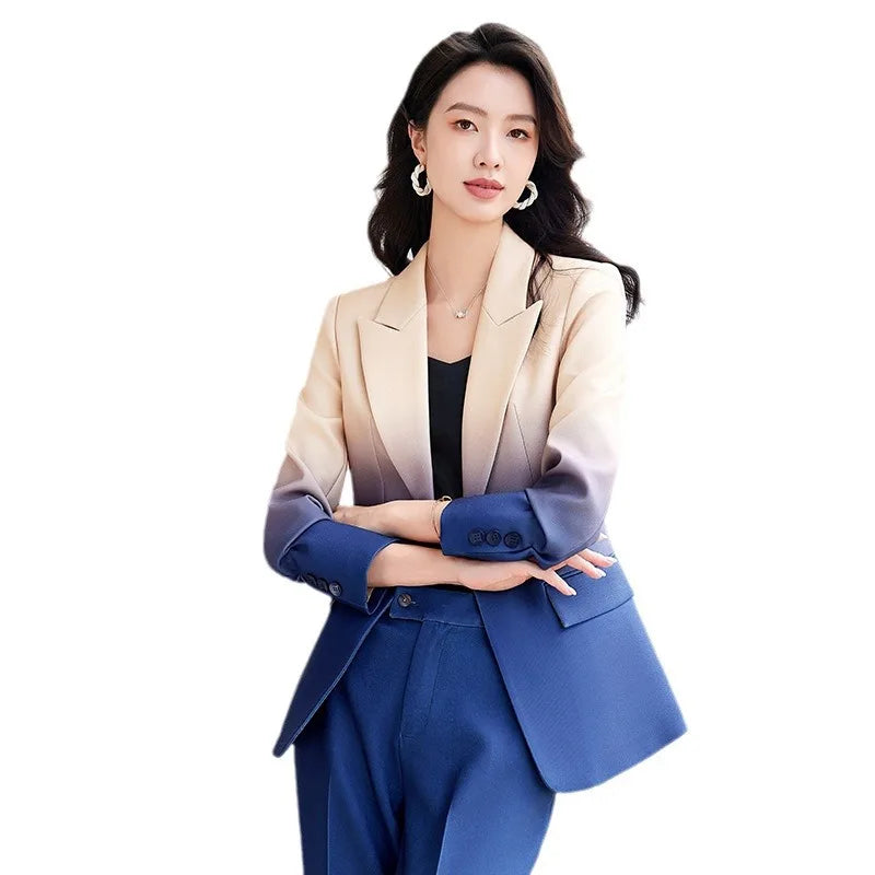 HIGH STREET Newest Fashion 2024 Designer Suit Set Women's Gradient Color Printed Single Button Blazer Flare Pants Suit