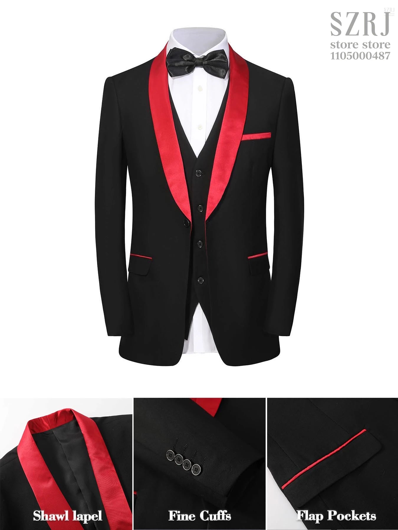 4pcs Men's Suit: Blazer, Vest, Pants, Black Tie.  One Button, Plain Color Tuxedo. Regular Fit. For Wedding, Groomsman Attire.