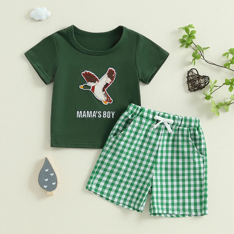 Toddler Boys Casual Outfits Cute Animal Print Short Sleeves T-Shirt and Elastic Denim Shorts Set for Summer Wear