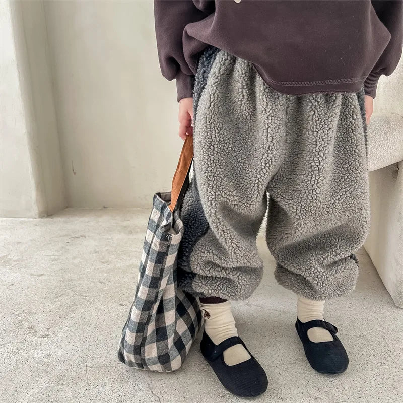 2025 Winter New Children Warm Trousers Baby Loose Lamb Fleece Pants Toddler Girls Casual Pants Solid Baby Boys Harem Pants